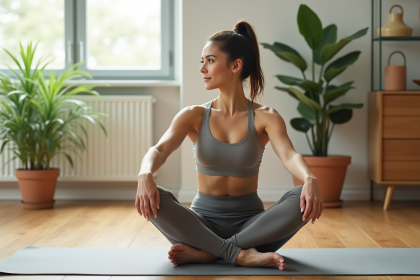 Femme en yoga dans un salon lumineux et apaisant