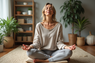 Femme méditant en intérieur dans un cadre cosy et naturel