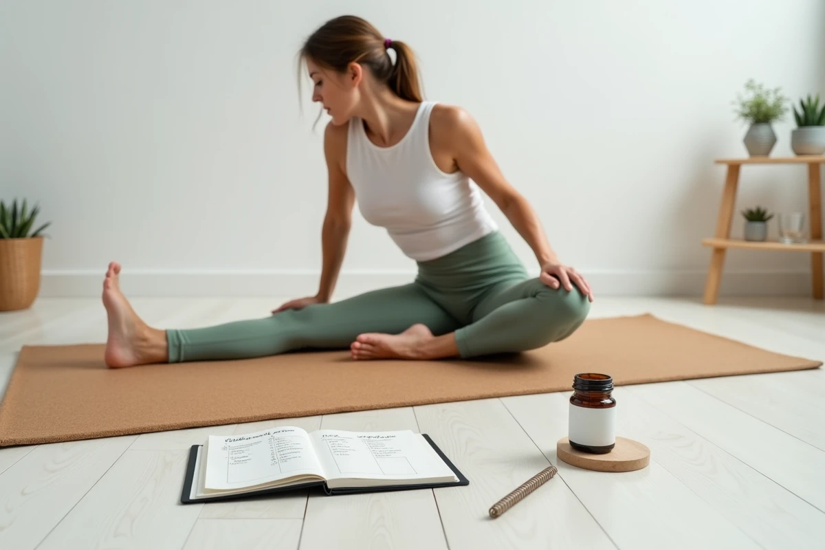 Femme pratiquant le yoga à domicile avec un planning santé et un complément alimentaire visibles sur le tapis dans un espace minimaliste
