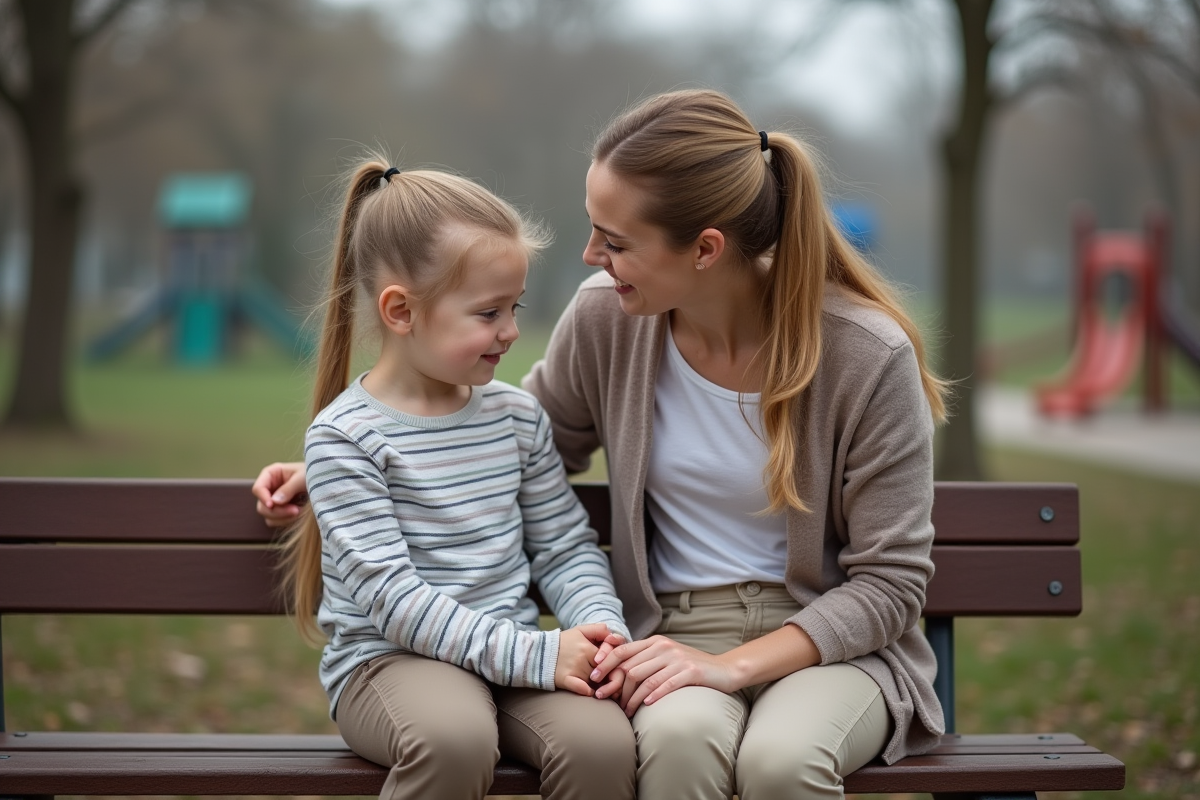 Fille et sa mère assises sur un banc dans un parc au printemps
