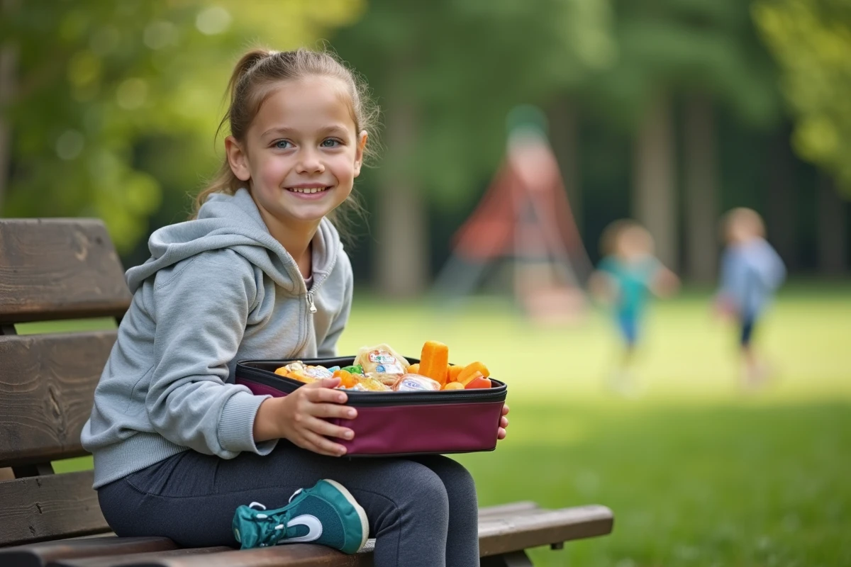 Fille de 10 ans avec lunchbox dans un parc en plein air
