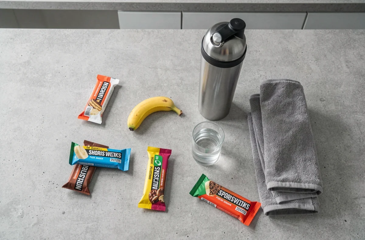 Flat lay de barres nutritionnelles sportives, banane et shaker sur un plan de travail en béton