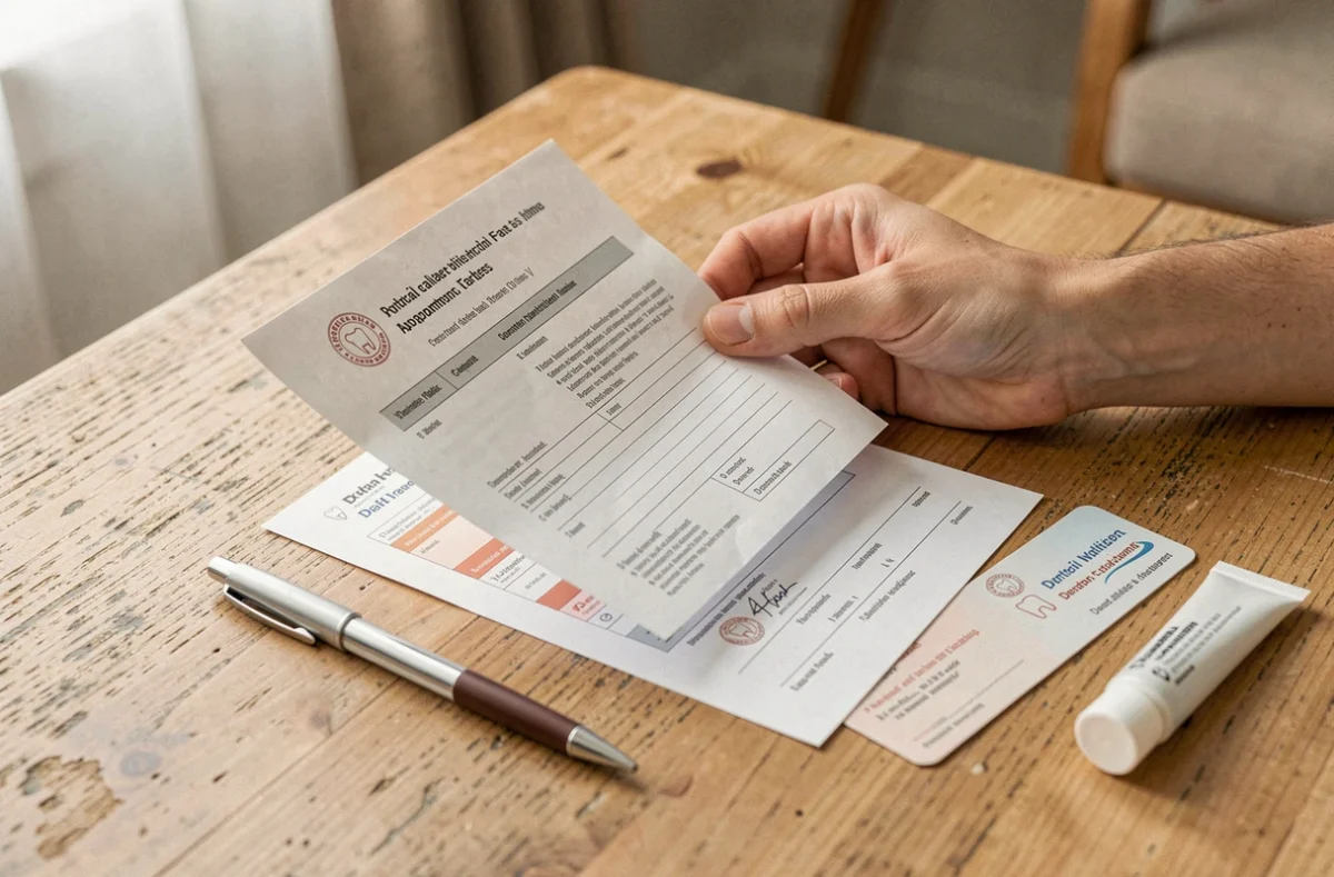 Formulaire d'arrêt de travail dentaire posé sur un bureau avec un stylo et une carte de rendez-vous chez le dentiste