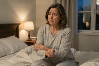 Femme d'âge moyen assise dans son lit la nuit en train de masser son bras gauche à cause de fourmillements nocturnes
