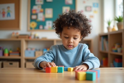 Garçon d'âge préscolaire jouant avec des blocs colorés en classe