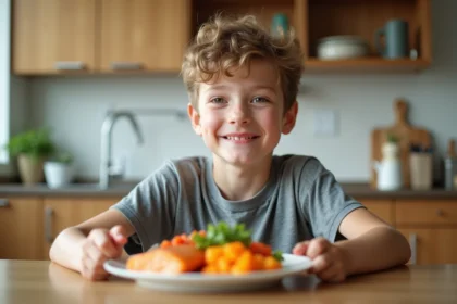 Garçon souriant de 11 ans mangeant un repas sain à la cuisine