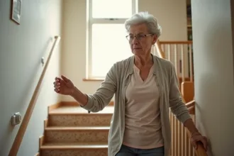 Personne âgée se tenant à une rampe pour éviter une chute