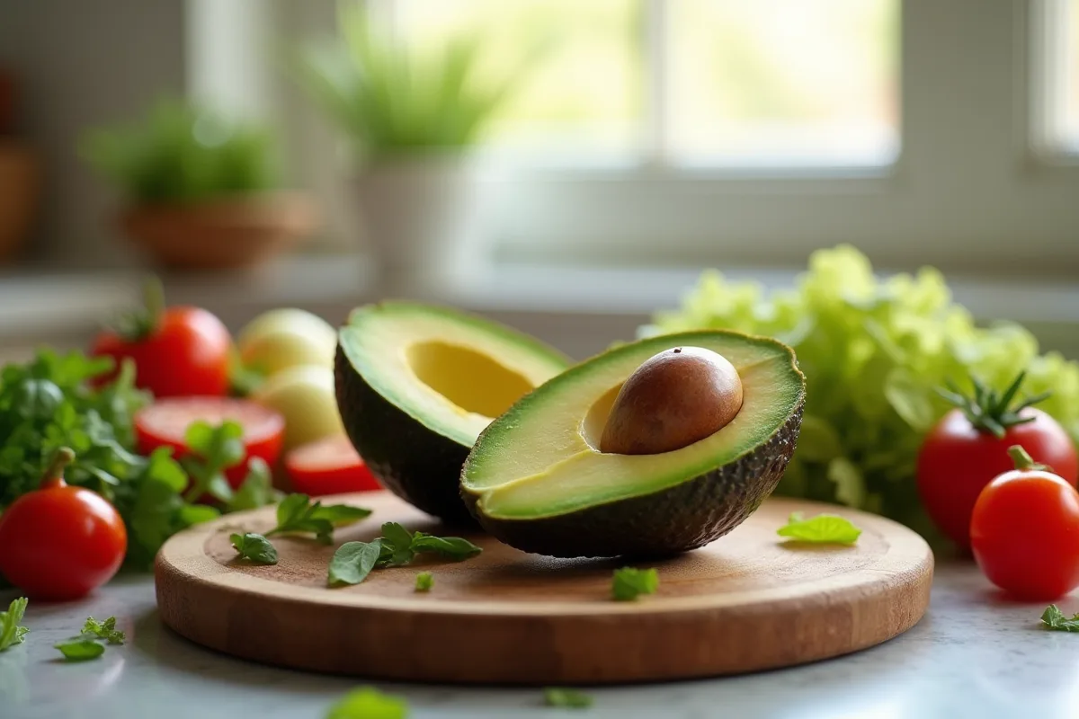 Avocat sur une planche à découper avec des ingrédients sains environnants