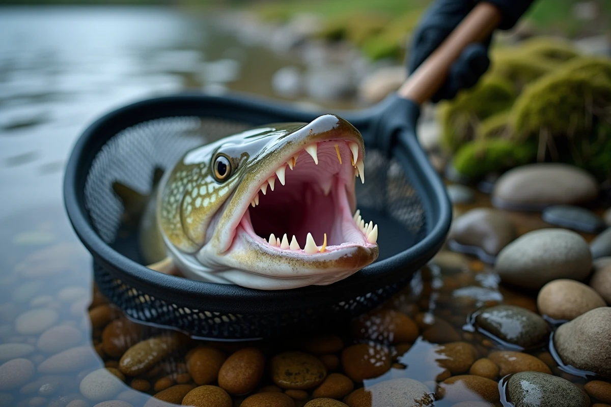 Gros plan sur les dents acérées d'un brochet dans une épuisette au bord d'une rivière