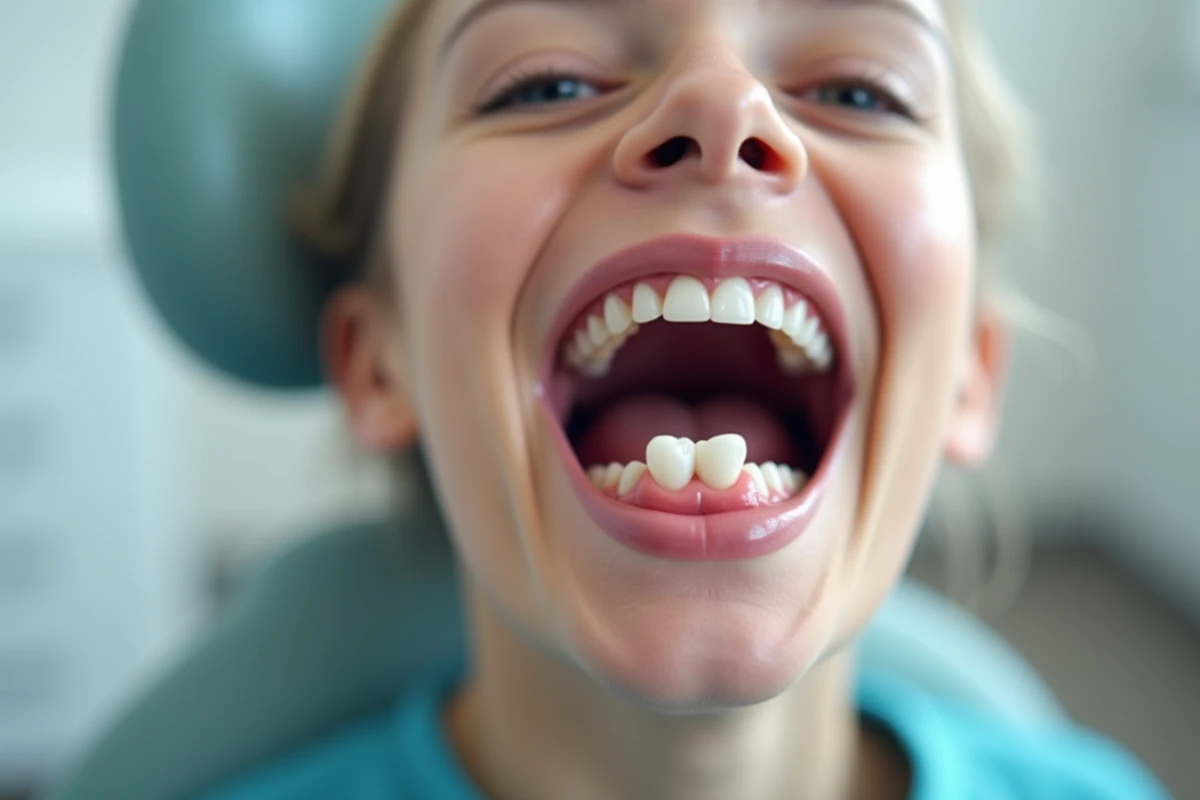 Gros plan réaliste sur une molaire douloureuse dans une bouche adulte en contexte dentaire
