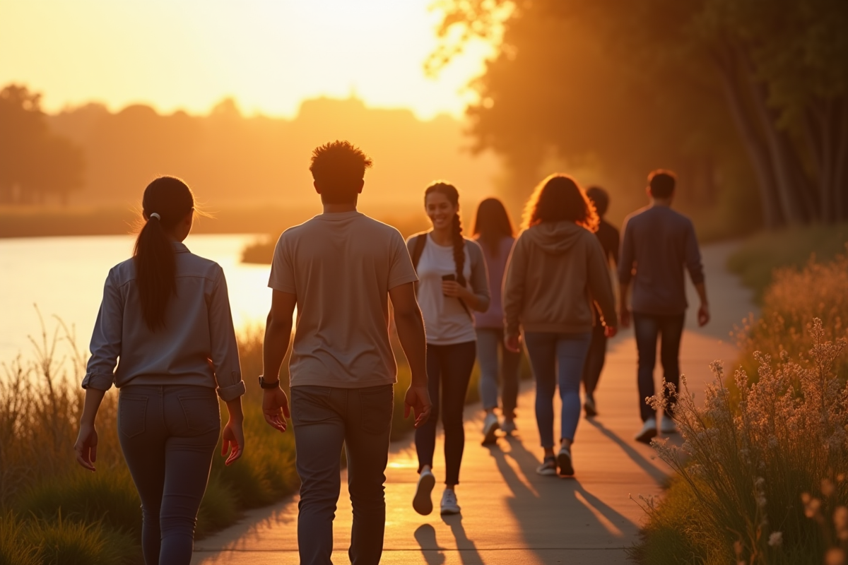 Groupe divers marchant au bord de la rivière au coucher du soleil