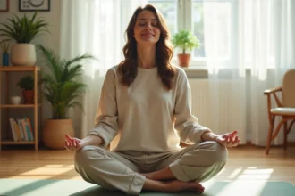 Femme pratiquant la méditation assise sur un tapis de yoga pour soulager une névralgie pudendale