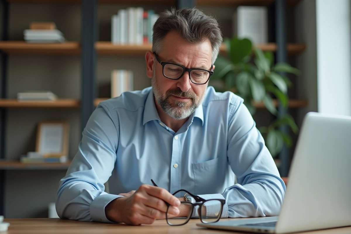 Homme d'affaires examine deux paires de lunettes sur un bureau