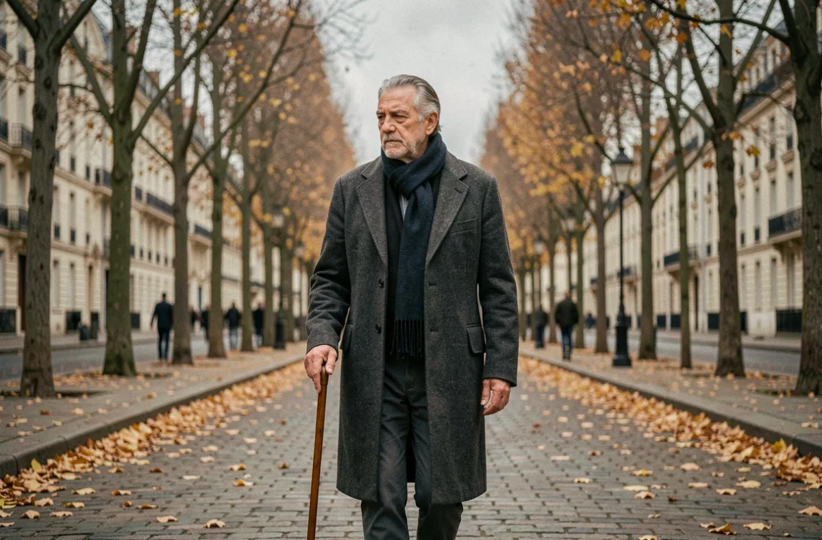 Homme âgé marchant seul sur une avenue parisienne en automne avec une canne, symbolisant la maladie et la solitude