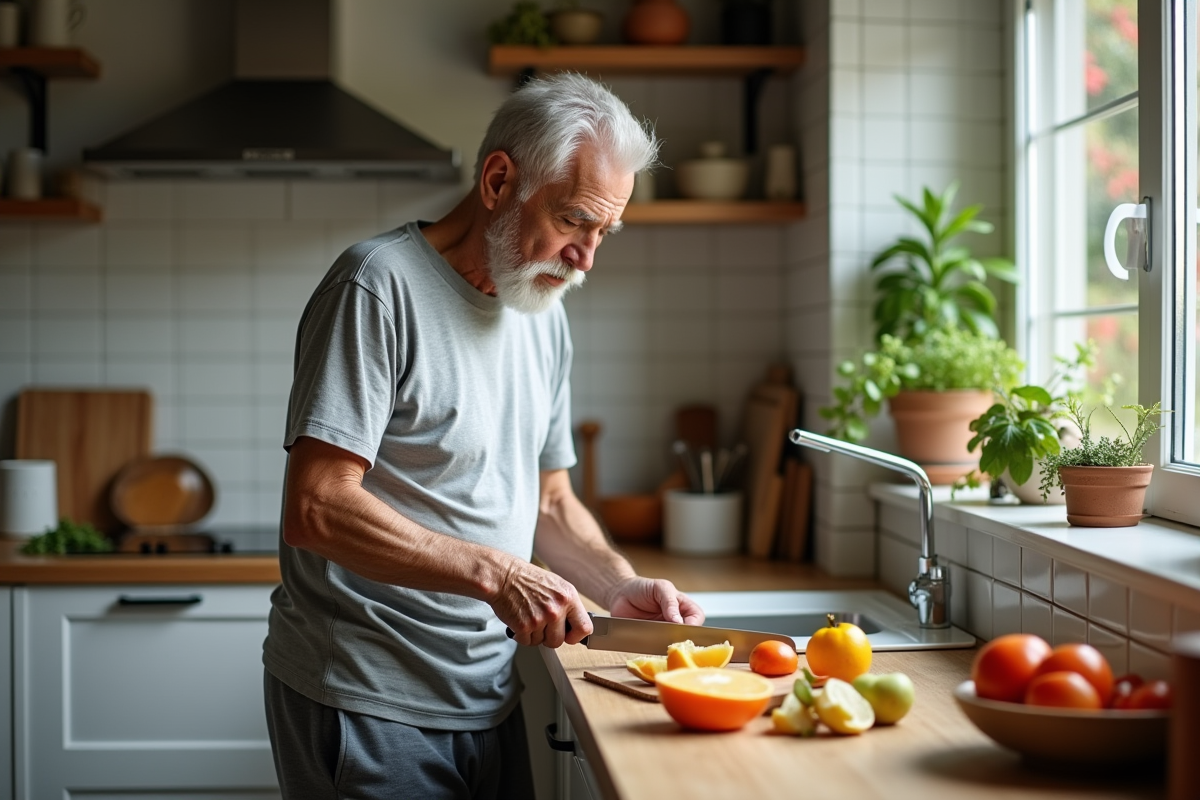 Homme âgé coupant des fruits dans la cuisine