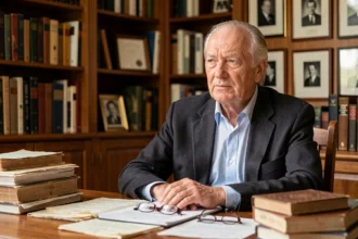 Portrait d'un homme âgé pensif assis dans une bibliothèque, évoquant la maladie et la réflexion sur la santé