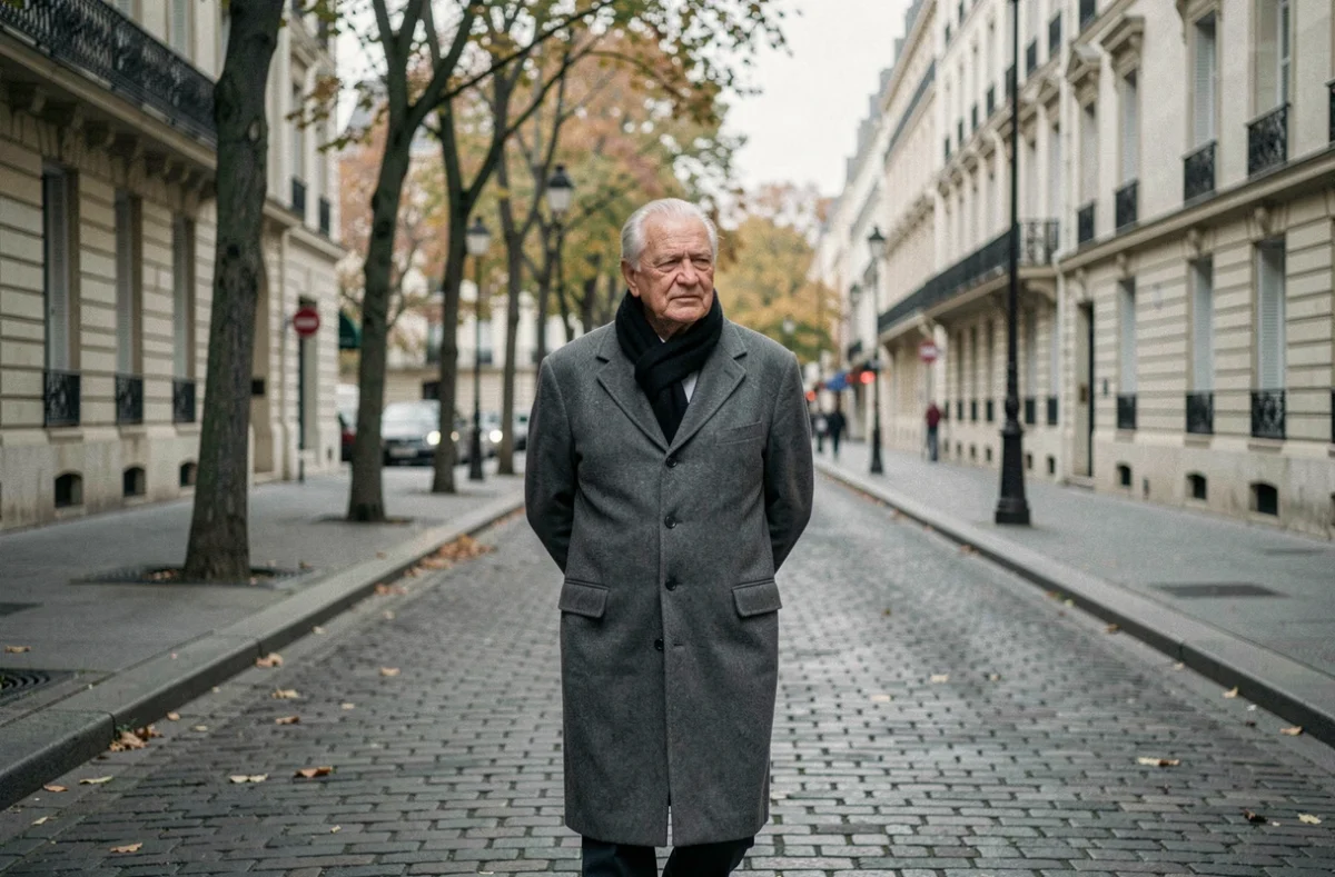 Homme âgé marchant seul dans une rue parisienne, atmosphère contemplative liée au vieillissement et à la maladie