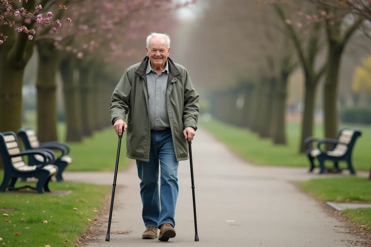 Homme agee marchant dans un parc au printemps