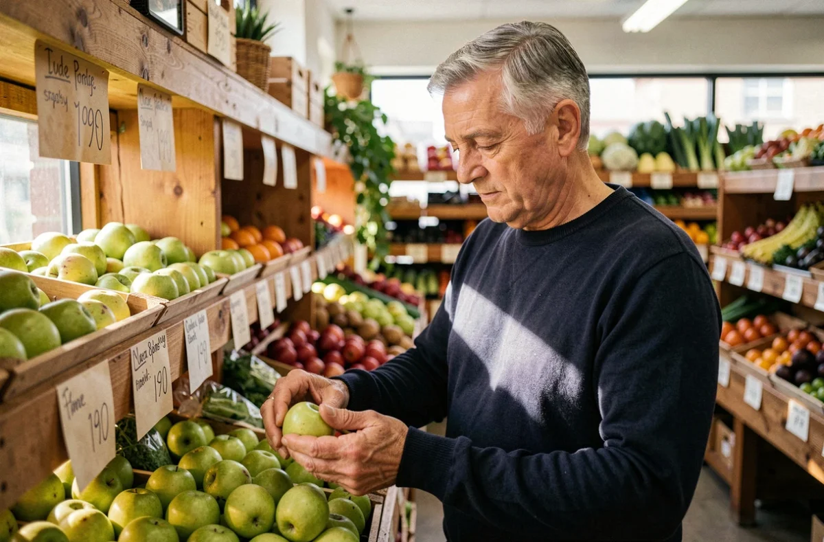 Homme choisissant une pomme verte dans un marché bio, symbolisant un choix alimentaire conscient pour améliorer le transit intestinal et lutter contre la constipation