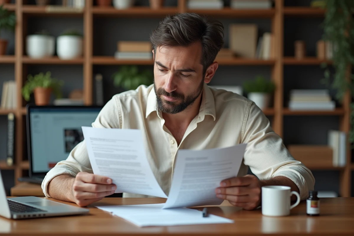 Homme comparant une brochure marketing de complément minceur avec des avis consommateurs sur son bureau à domicile