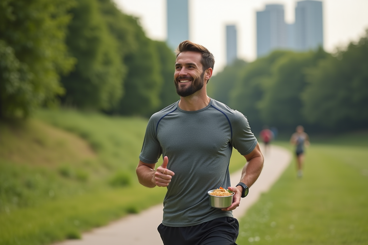 Homme en jogging dans un parc urbain avec un repas de légumes