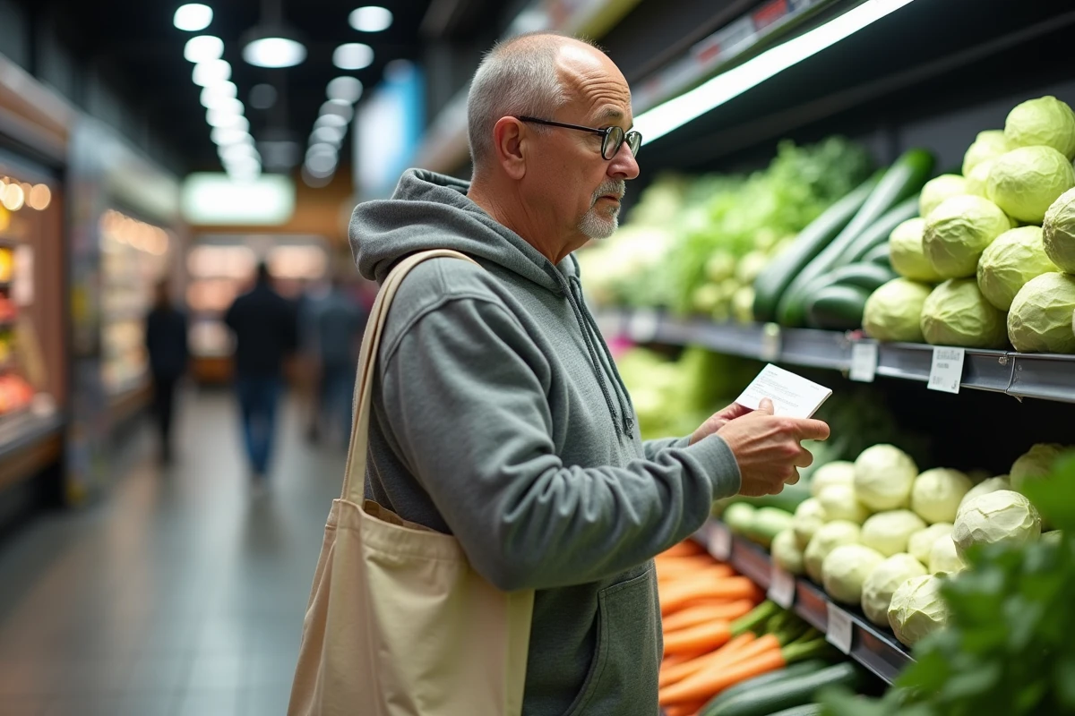 Homme comparant les prix des légumes de saison en supermarché avec une liste de courses pour manger sainement à petit budget