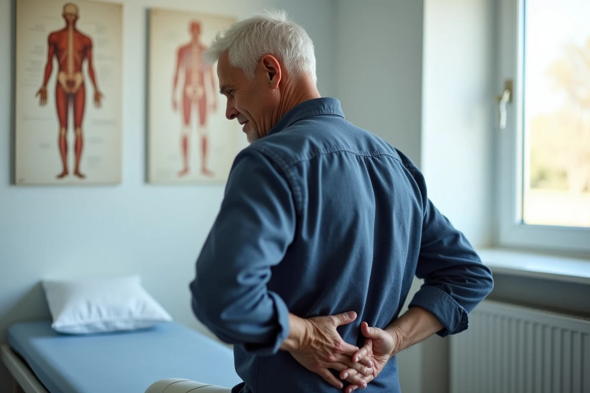 Homme souffrant de douleurs dorsales en consultation de kinésithérapie, évoquant la recherche d'alternatives aux anti-inflammatoires