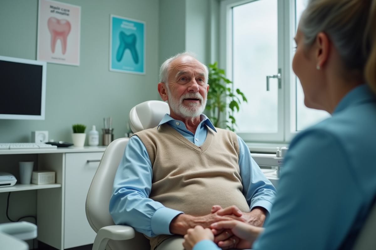 Homme âgé en consultation chez le dentiste dans une clinique moderne