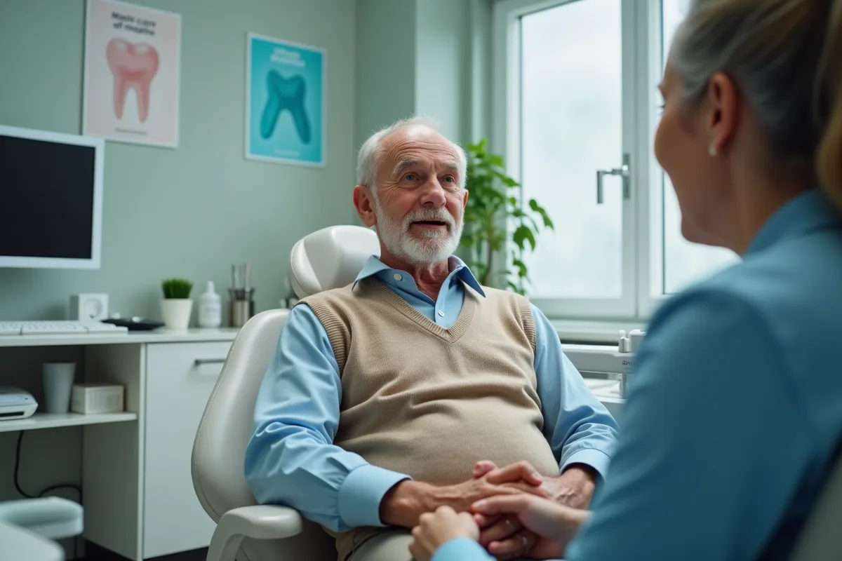 Homme âgé en consultation chez le dentiste dans une clinique moderne