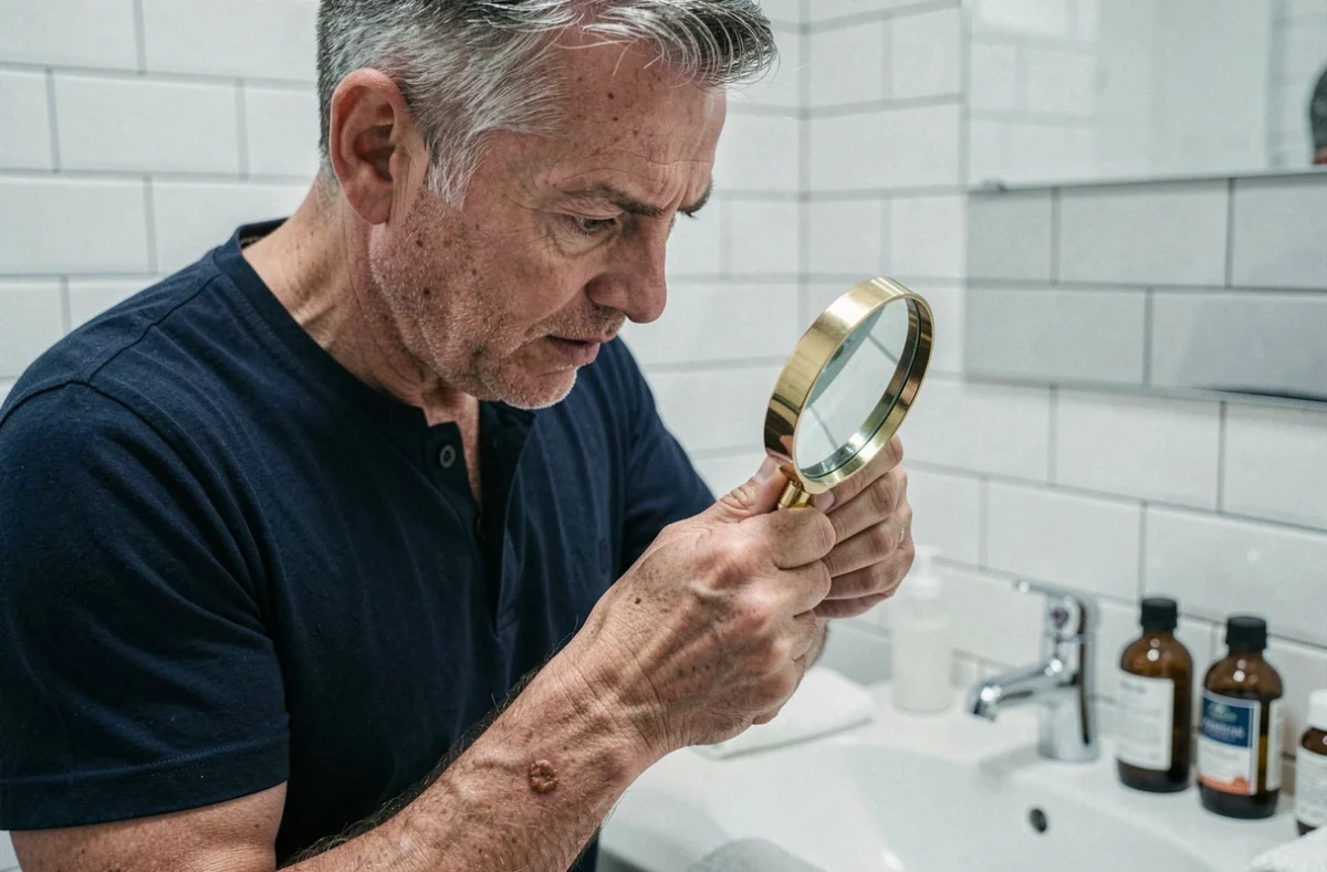 Homme d'âge mûr examinant une verrue séborrhéique sur sa main avec une loupe dans une salle de bain