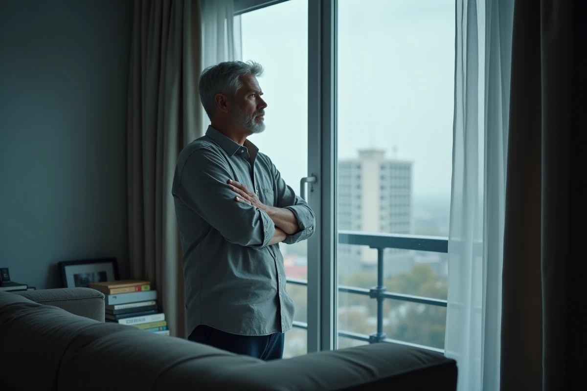 Homme pensif et épuisé seul chez lui regardant par la fenêtre, symbolisant la fatigue émotionnelle et le besoin de prendre de la distance