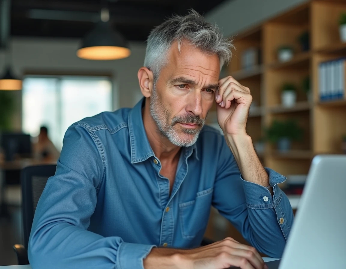 Homme d'une quarantaine d'années se grattant la paume gauche au bureau devant un ordinateur portable