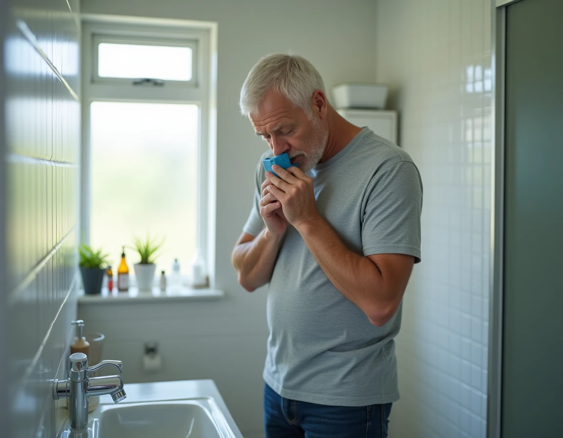 Homme adulte utilisant un inhalateur de cortisone contre l'asthme dans une salle de bain, illustrant l'effet du traitement corticoïde
