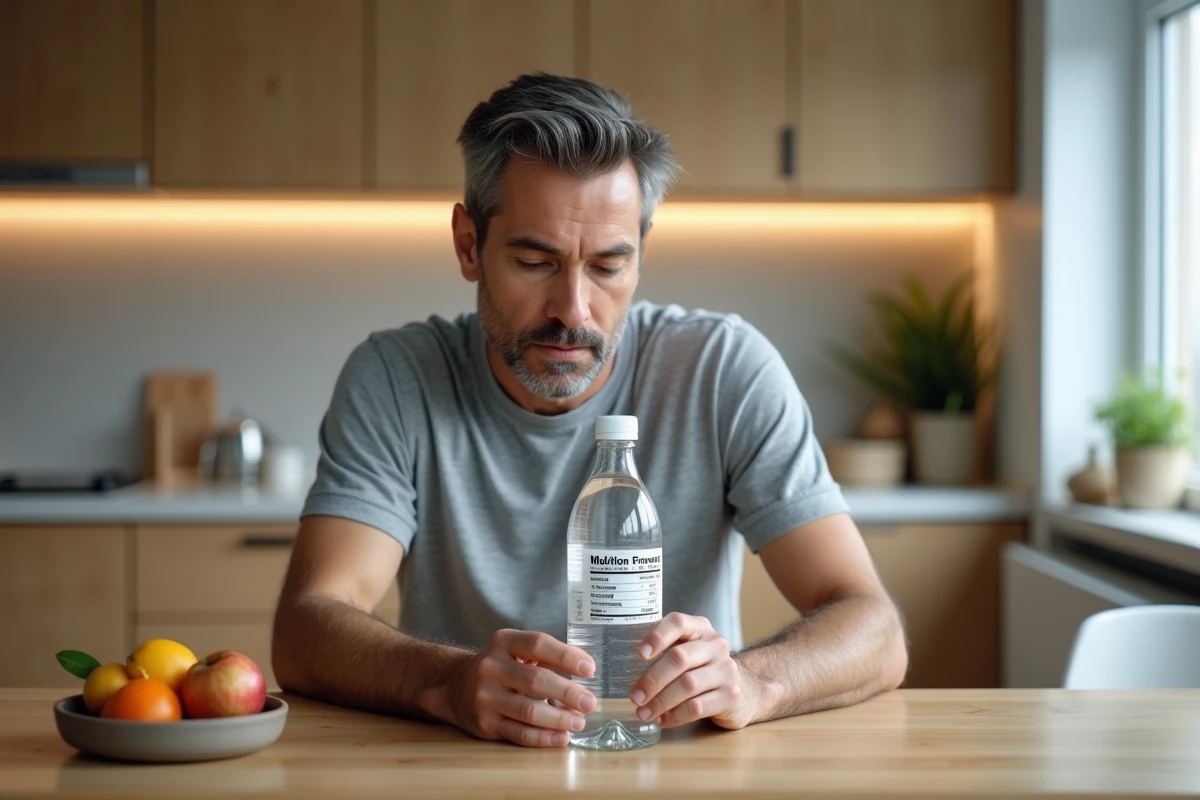 Homme lisant l'étiquette nutritionnelle d'une bouteille d'eau minérale riche en magnésium pour traiter la constipation