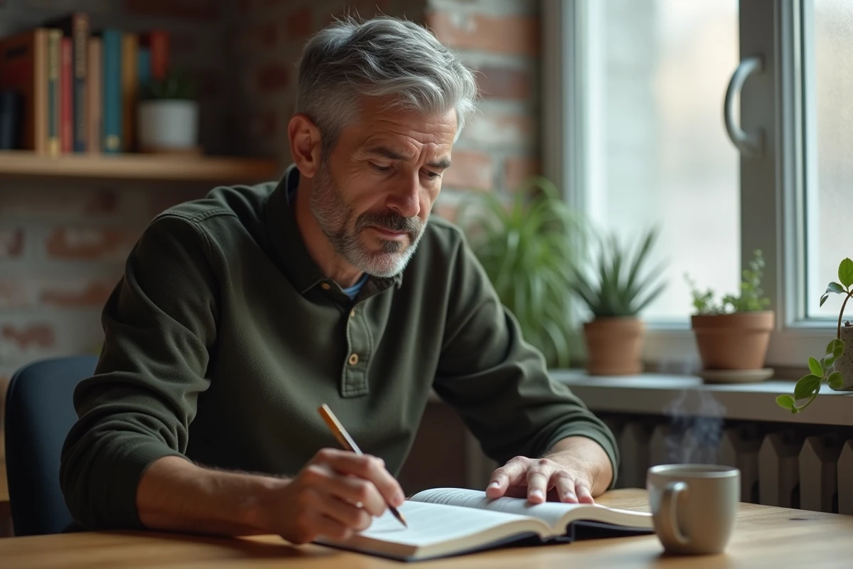 Homme lisant un livre avec une tasse de thé rooibos sur un bureau en bois dans un bureau à domicile, évoquant les effets relaxants du rooibos