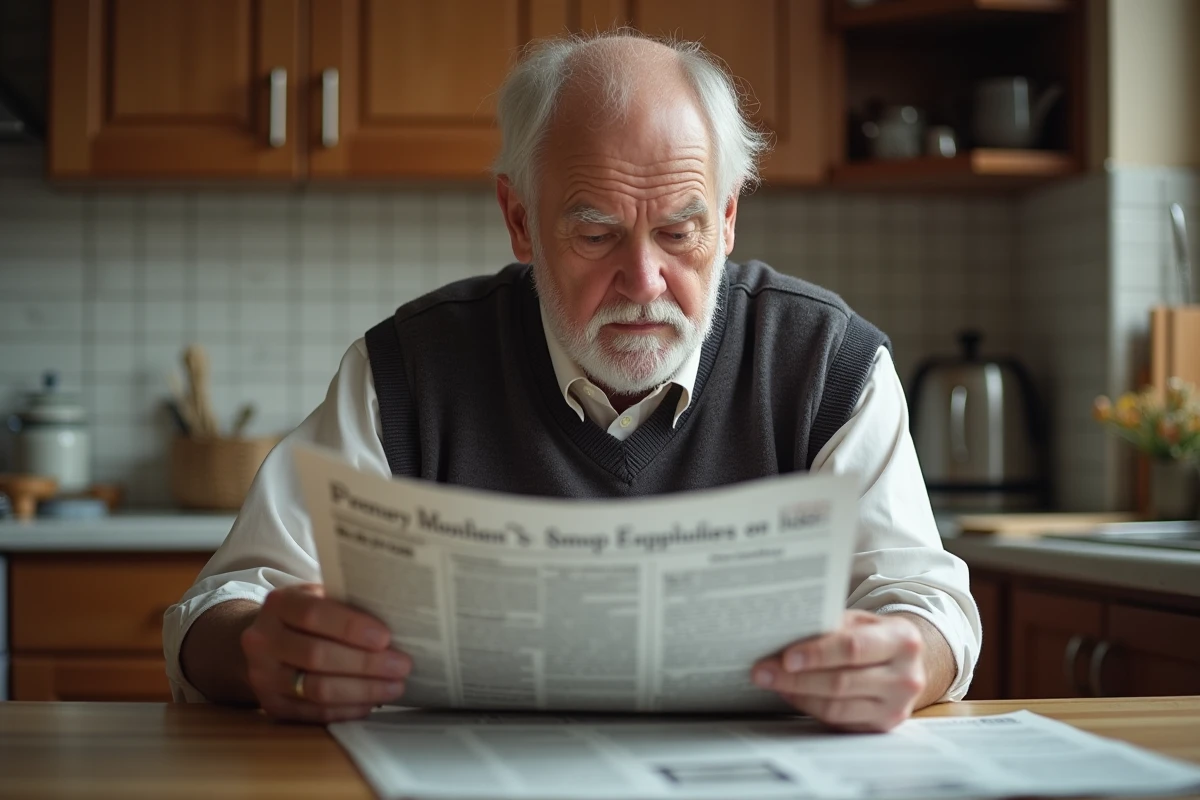 Homme âgé lisant le journal dans une cuisine calme