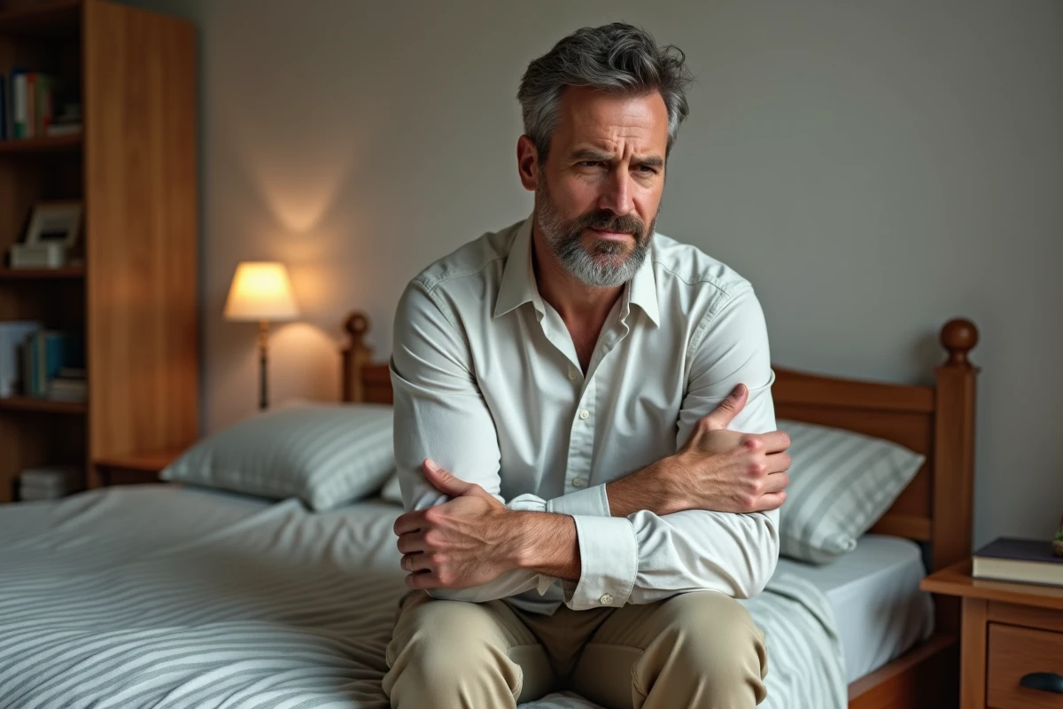 Homme assis sur le lit examinant son aisselle