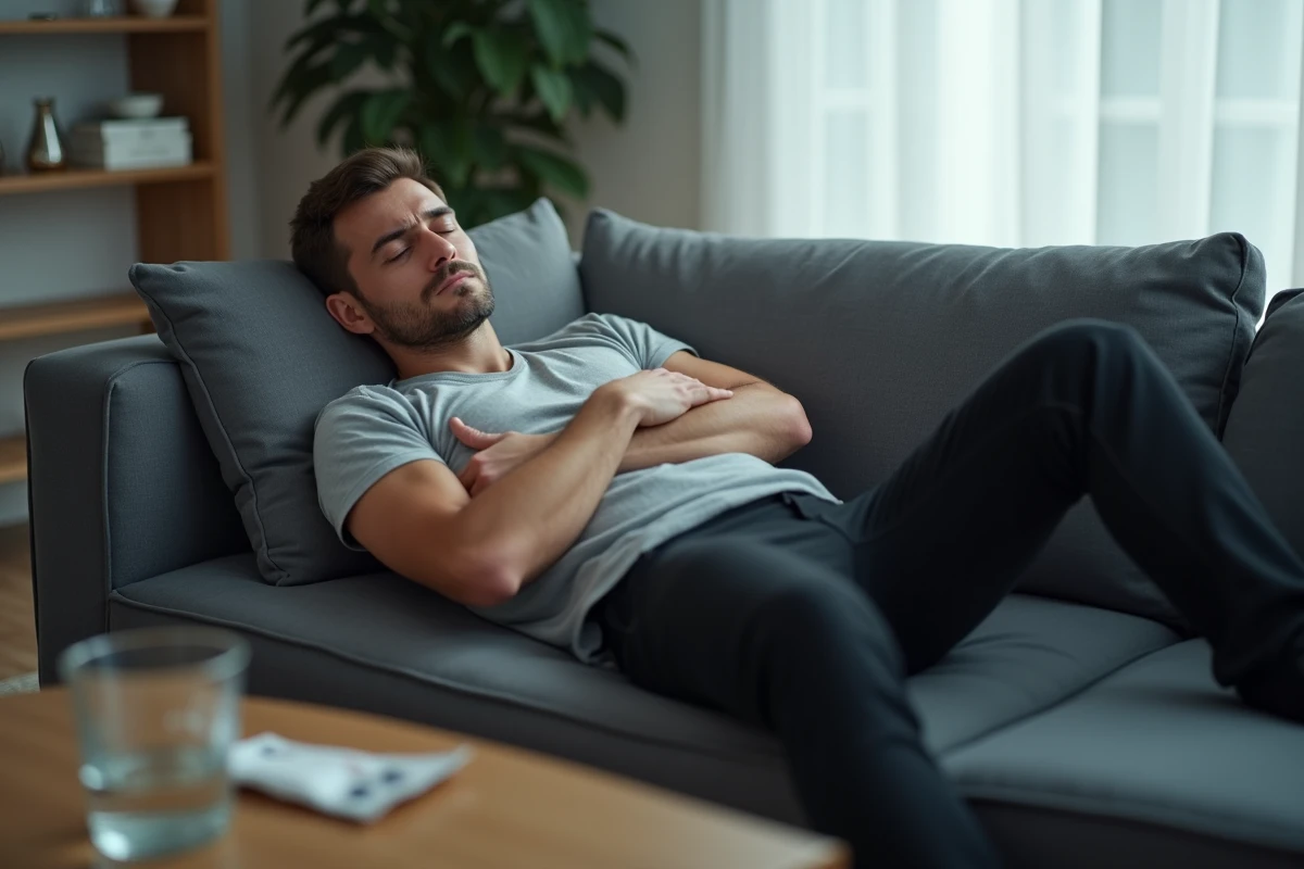 Homme allongé sur un canapé en état de malaise vagal, avec un verre d'eau et des médicaments sur la table basse, illustrant les effets indésirables du paracétamol sur la tension artérielle