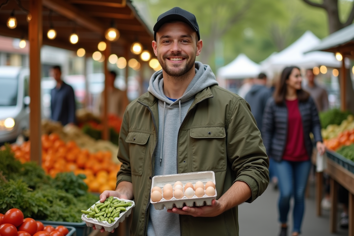 Jeune homme au marché avec œufs et edamame