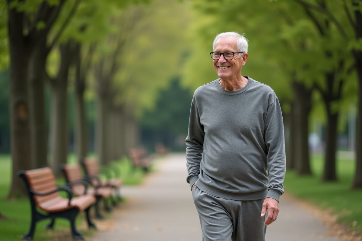Homme âgé marchant dans un parc verdoyant et calme