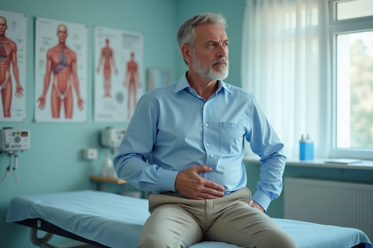 Homme d'âge moyen en consultation médicale contemplatif