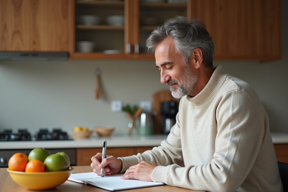 Homme prenant des notes dans sa journal de cuisine