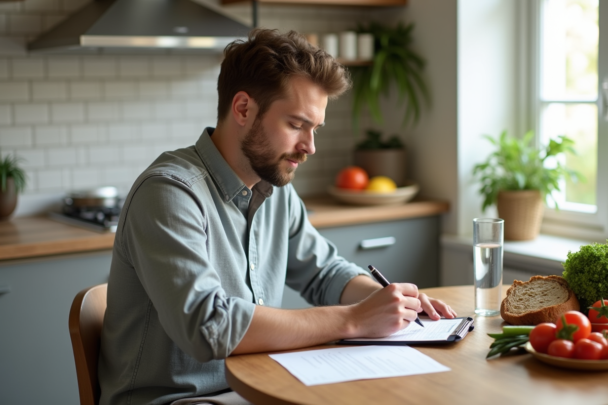 Jeune homme remplissant un formulaire alimentaire à la maison