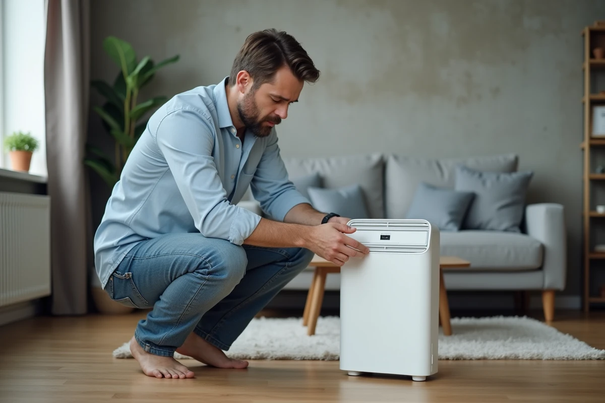 Homme vérifiant le filtre d'un purificateur d'air dans un appartement moderne pour améliorer la qualité de l'air intérieur