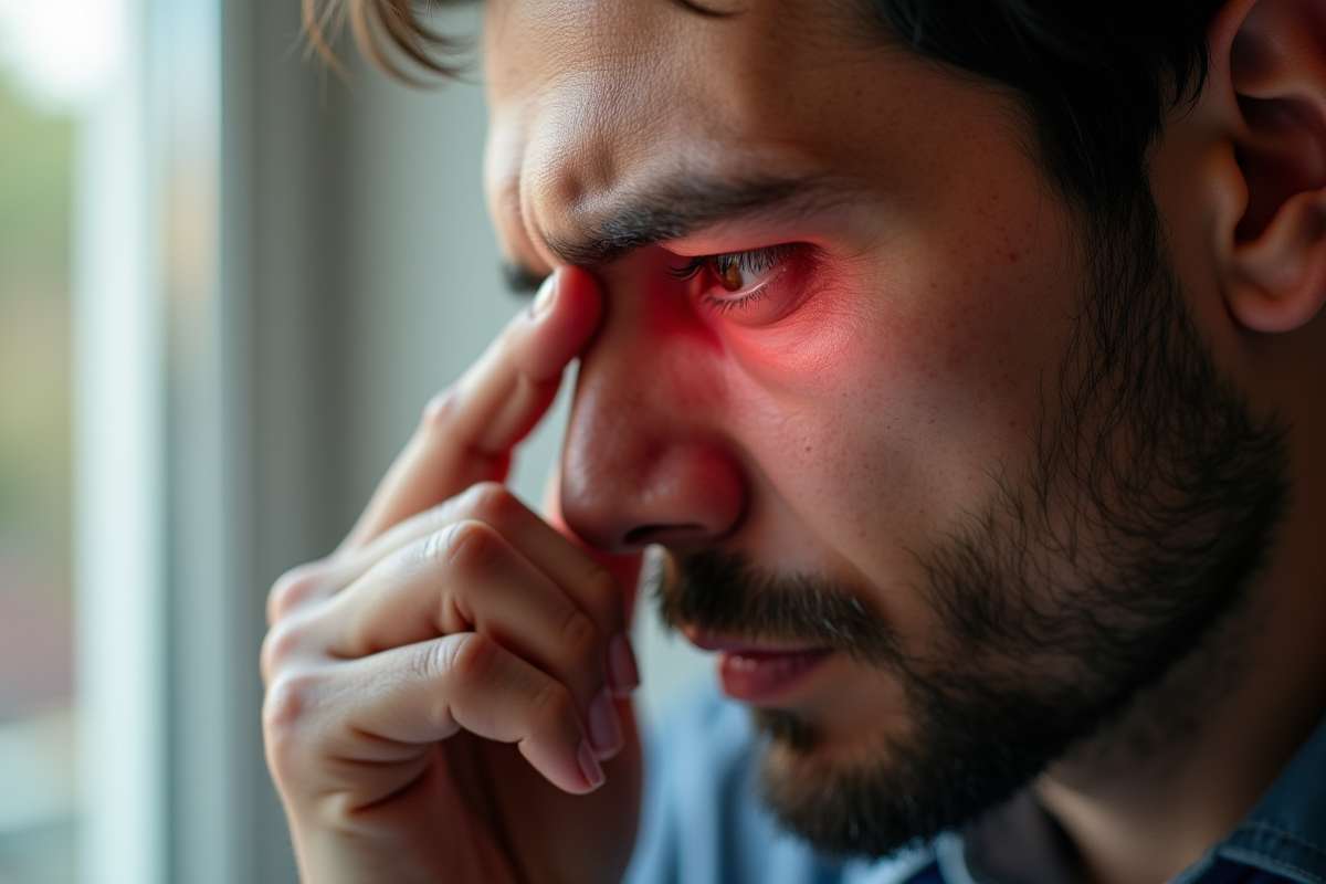 Homme adulte se frottant l oeil rouge avec un chat en arrière-plan