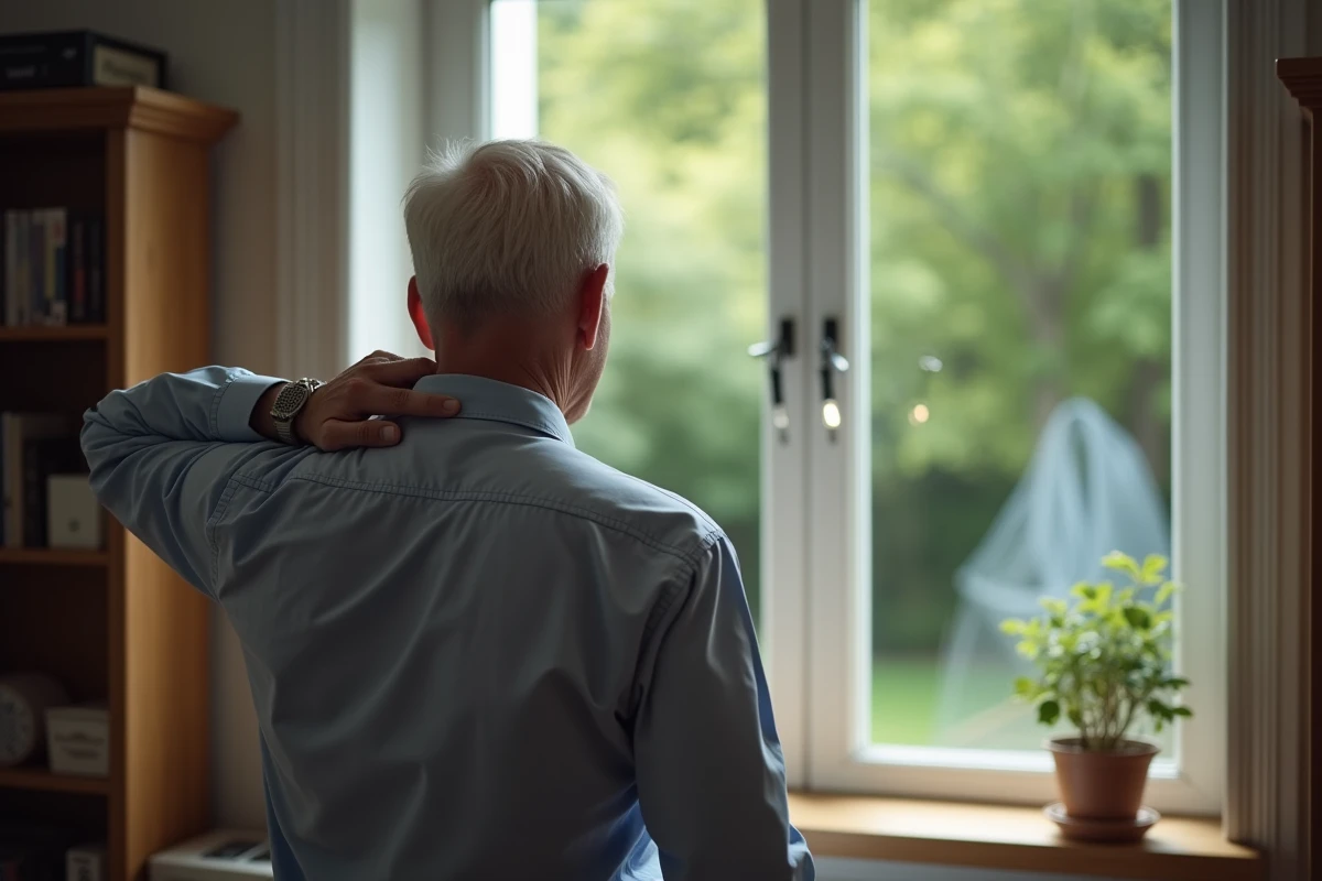 Homme regardant par la fenêtre sur un jardin