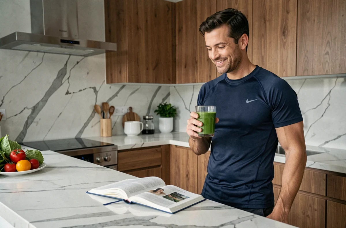 Homme en bonne santé tenant un smoothie vert après avoir suivi le programme Reborn21 dans sa cuisine moderne