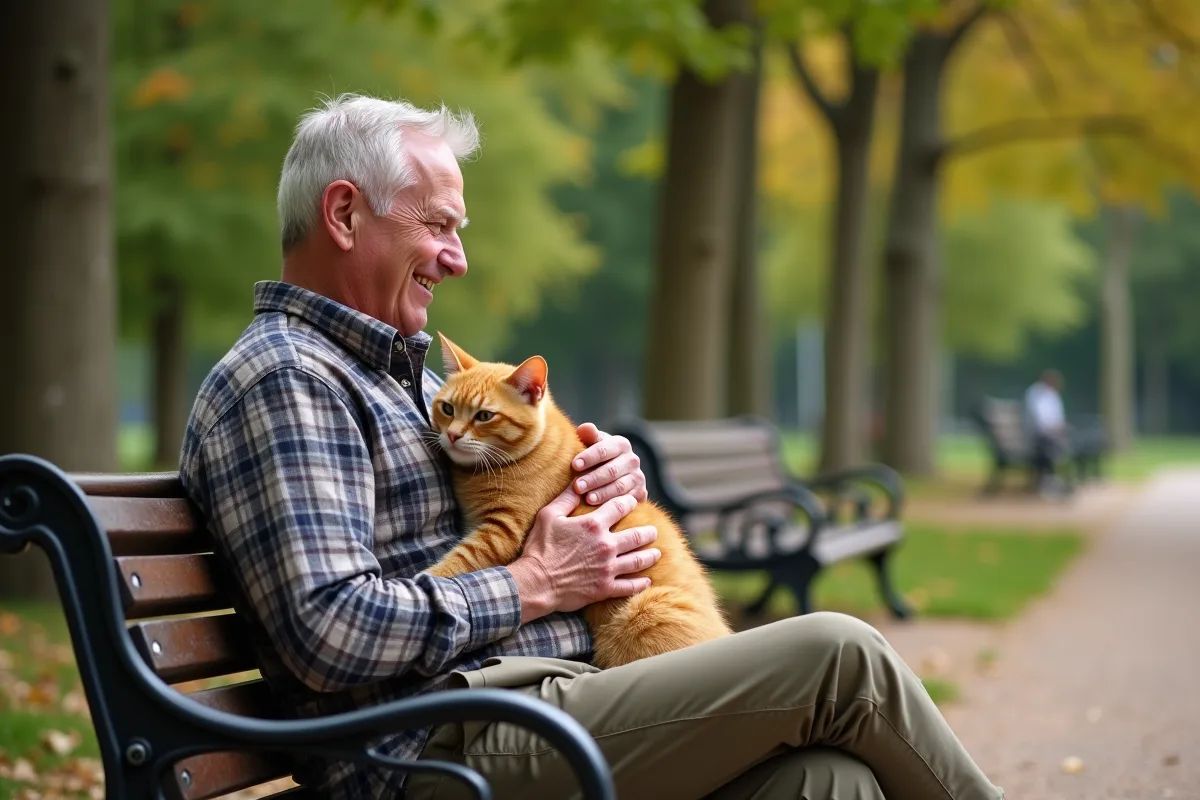 Homme retraité avec un chat roux dans un parc