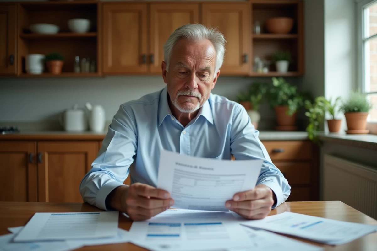 Homme âgé examinant des documents de vaccination à la maison