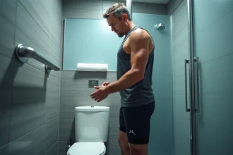 Homme en tenue de sport dans une salle de bain moderne